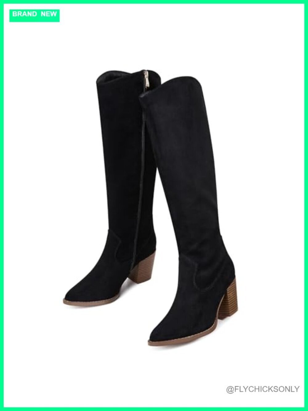 Knee High Suede Boots Pointed Toe Chunky Heel Faux Slouchy Side Zipper